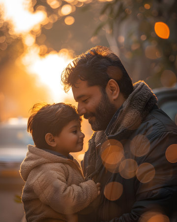 Illustration of father showing his love to his son in front of the house under the warm morning sun. Use it to promote Father's Day activities or presentation projects to promote family relationships.の素材