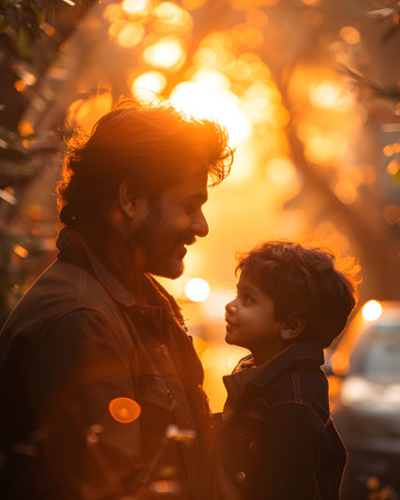 Illustration of father showing his love to his son in front of the house under the warm morning sun. Use it to promote Father's Day activities or presentation projects to promote family relationships.の素材