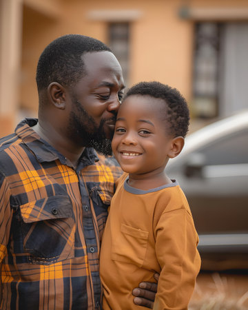 Illustration of father showing his love to his son in front of the house under the warm morning sun. Use it to promote Father's Day activities or presentation projects to promote family relationships.の素材
