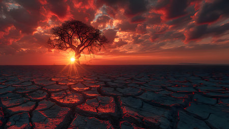 The land is parched and cracked under the setting sun. Dead tree stand in front of red sky. It is a symbol of drought, hopelessness, change or as an illustration of an article about the environment.の素材