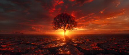 The land is parched and cracked under the setting sun. Dead tree stand in front of red sky. It is a symbol of drought, hopelessness, change or as an illustration of an article about the environment.の素材