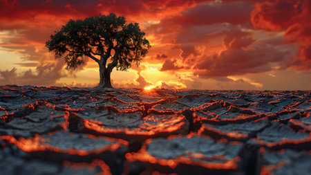 The land is parched and cracked under the setting sun. Dead tree stand in front of red sky. It is a symbol of drought, hopelessness, change or as an illustration of an article about the environment.の素材