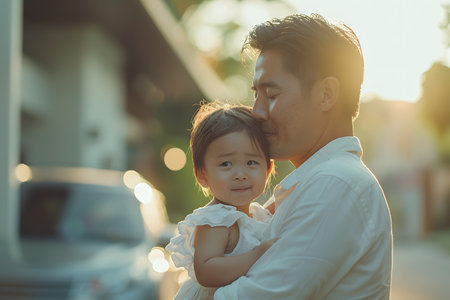 Illustration of father showing his love to his son in front of the house under the warm morning sun. Use it to promote Father's Day activities or presentation projects to promote family relationships.の素材