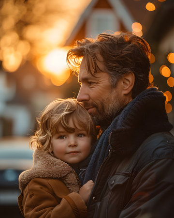 Illustration of father showing his love to his son in front of the house under the warm morning sun. Use it to promote Father's Day activities or presentation projects to promote family relationships.の素材