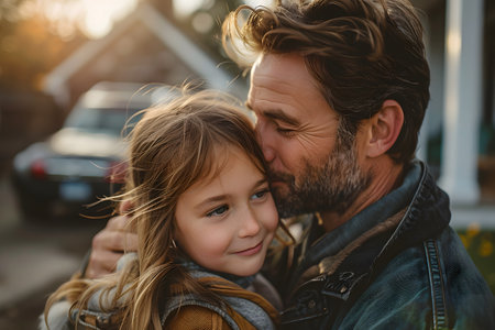 Illustration of a father expressing his love to his daughter in front of his house under the warm morning sun. Used to publicize Father's Day events, activities to promote family relationships.の素材