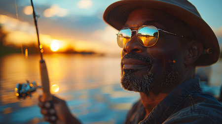 Illustration of a man is fishing by the water's edge with a thin mist floating above the water showing the cool air under the warm and beautiful morning sun. It's a very nice and private atmosphere.の素材