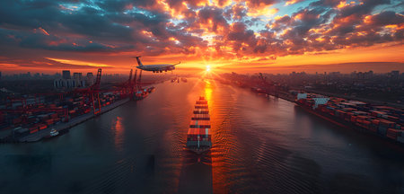 Illustration of large vehicles transporting at sunrise or sunset in warm tone. It conveys peace, warmth and good memories. It may refer to a vehicle that transports goods or raw materials safely.の素材