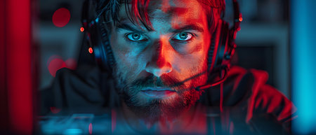 Illustration of call center worker doesn't look convincing in the image which has red tint to symbolize danger. It reflects the current problem of criminals calling to defraud victims in many forms.の素材