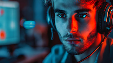 Illustration of call center worker doesn't look convincing in the image which has red tint to symbolize danger. It reflects the current problem of criminals calling to defraud victims in many forms.の素材