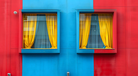 A minimalist illustration of window on the exterior of a building and a wall that plays with bold color contrast. between yellow blue and red Suitable for attracting attention, Communicate a message.の素材