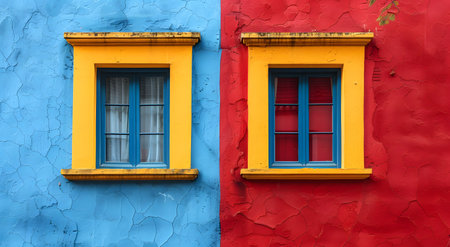 A minimalist illustration of window on the exterior of a building and a wall that plays with bold color contrast. between yellow blue and red Suitable for attracting attention, Communicate a message.の素材