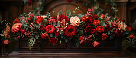 A lovely dark wood coffin adorned with roses, lilies, and carnations creates a lush display. Shot up close, the image captures intricate details, enhanced by soft, diffused light for a warm atmosphereの素材