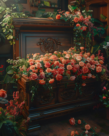 A lovely dark wood coffin adorned with roses, lilies, and carnations creates a lush display. Shot up close, the image captures intricate details, enhanced by soft, diffused light for a warm atmosphereの素材