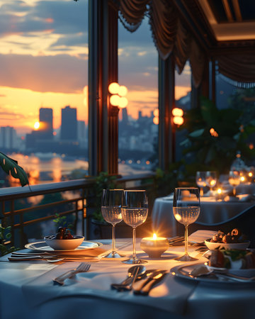 A luxurious dinner table in a pleasant atmosphere. The beautiful scenery makes for a wonderful night. Images like this are often used to post on social media, write blogs or set as wallpaper.の素材