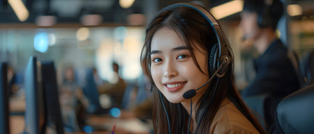 Illustration of call center worker wearing over-ear headphones for company business help desk and telephone assistance concept. Smiling while talking People talking on the phone will feel friendly.の素材