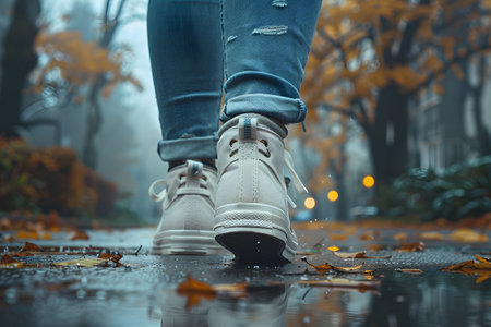 Close-up of a person's shoe while walking. Suitable for accompanying articles about the walking benefits, articles recommending places to walk for exercise, posting pictures with quotes about walkingの素材
