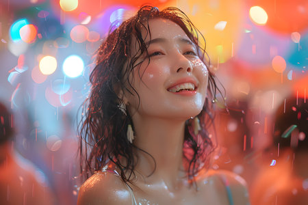 A beautiful woman who is extremely happy, It was as if in her mind she saw herself happily dancing outdoors with her friends in the rain the lights lit up with beautiful colors refreshing atmosphere.の素材