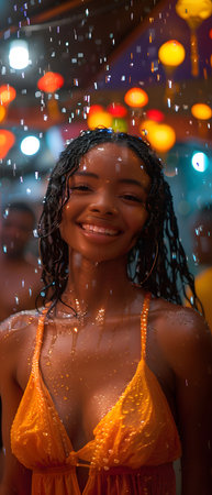 A beautiful woman who is extremely happy, It was as if in her mind she saw herself happily dancing outdoors with her friends in the rain the lights lit up with beautiful colors refreshing atmosphere.の素材