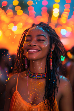 A beautiful woman who is extremely happy, It was as if in her mind she saw herself happily dancing outdoors with her friends in the rain the lights lit up with beautiful colors refreshing atmosphere.の素材