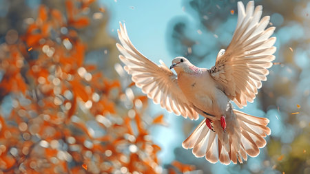 Illustration of white bird spreading wings and flying in the sky on beautiful background It represents the freedom that everyone desires, their hopes, dreams, and the spirit that yearns for freedom.の素材