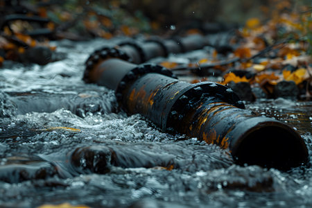 Wastewater pipes from industrial plants which is a large pipe made of metal. The wastewater flowing from the pipe is black and cloudy.  Used to campaign to make people aware of environmental problems.の素材