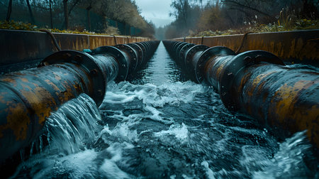 Wastewater pipes from industrial plants which is a large pipe made of metal. The wastewater flowing from the pipe is black and cloudy.  Used to campaign to make people aware of environmental problems.の素材