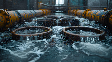 Wastewater pipes from industrial plants which is a large pipe made of metal. The wastewater flowing from the pipe is black and cloudy.  Used to campaign to make people aware of environmental problems.の素材