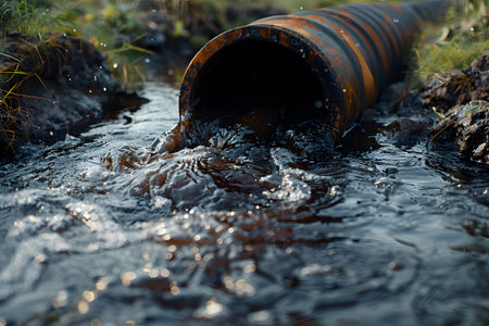 Wastewater pipes from industrial plants which is a large pipe made of metal. The wastewater flowing from the pipe is black and cloudy.  Used to campaign to make people aware of environmental problems.の素材