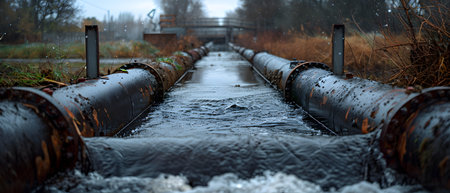 Wastewater pipes from industrial plants which is a large pipe made of metal. The wastewater flowing from the pipe is black and cloudy.  Used to campaign to make people aware of environmental problems.の素材