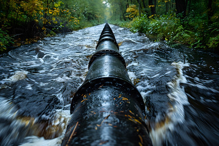 Wastewater pipes from industrial plants which is a large pipe made of metal. The wastewater flowing from the pipe is black and cloudy.  Used to campaign to make people aware of environmental problems.の素材
