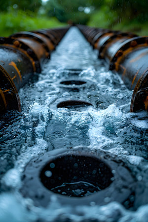 Wastewater pipes from industrial plants which is a large pipe made of metal. The wastewater flowing from the pipe is black and cloudy.  Used to campaign to make people aware of environmental problems.の素材