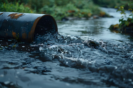 Wastewater pipes from industrial plants which is a large pipe made of metal. The wastewater flowing from the pipe is black and cloudy.  Used to campaign to make people aware of environmental problems.の素材