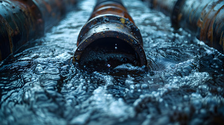 Wastewater pipes from industrial plants which is a large pipe made of metal. The wastewater flowing from the pipe is black and cloudy.  Used to campaign to make people aware of environmental problems.の素材