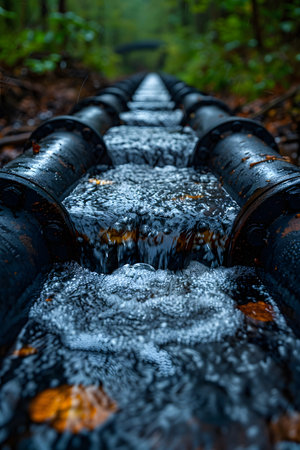 Wastewater pipes from industrial plants which is a large pipe made of metal. The wastewater flowing from the pipe is black and cloudy.  Used to campaign to make people aware of environmental problems.の素材