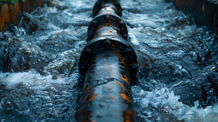 Wastewater pipes from industrial plants which is a large pipe made of metal. The wastewater flowing from the pipe is black and cloudy.  Used to campaign to make people aware of environmental problems.の素材