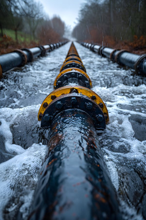 Wastewater pipes from industrial plants which is a large pipe made of metal. The wastewater flowing from the pipe is black and cloudy.  Used to campaign to make people aware of environmental problems.の素材