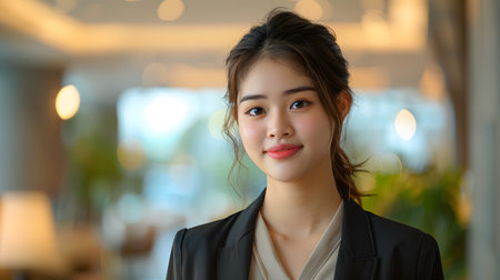 The receptionist stood with a sincere, confident smile in front of the hotel. It is the first thing that creates an impression on guests staying at this hotel which is the first basis of service work.の素材