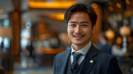 The receptionist stood with a sincere, confident smile in front of the hotel. It is the first thing that creates an impression on guests staying at this hotel which is the first basis of service work.の素材