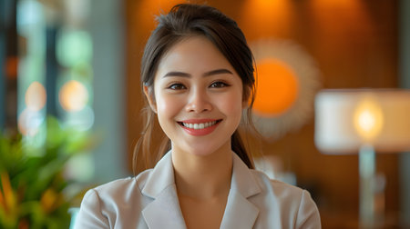 The receptionist stood with a sincere, confident smile in front of the hotel. It is the first thing that creates an impression on guests staying at this hotel which is the first basis of service work.の素材