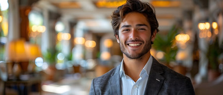 The receptionist stood with a sincere, confident smile in front of the hotel. It is the first thing that creates an impression on guests staying at this hotel which is the first basis of service work.の素材