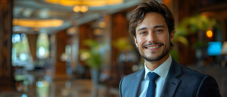 The receptionist stood with a sincere, confident smile in front of the hotel. It is the first thing that creates an impression on guests staying at this hotel which is the first basis of service work.の素材