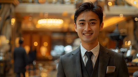 The receptionist stood with a sincere, confident smile in front of the hotel. It is the first thing that creates an impression on guests staying at this hotel which is the first basis of service work.の素材