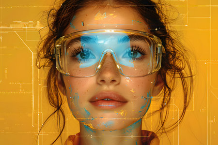 Illustration of a young woman wearing a uniform and safety glasses. Working with machines can use to make campaign posters protect safety, background presenting about the equality of women's rights.の素材