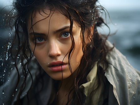 Beautiful young woman standing alone in the rain It conveys patience, independence, Peace in freedom, loneliness, individuality. It depends on your circumstances and experiences how you interpret it.の素材