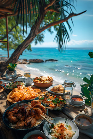 Illustration of delicious looking food beautifully arranged on a beach by the sea. Can be used to attract tourists, promote seaside restaurants, food products, catering services or travel packagesの素材
