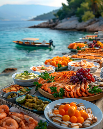 Illustration of delicious looking food beautifully arranged on a beach by the sea. Can be used to attract tourists, promote seaside restaurants, food products, catering services or travel packagesの素材