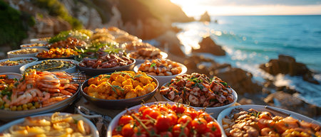 Illustration of delicious looking food beautifully arranged on a beach by the sea. Can be used to attract tourists, promote seaside restaurants, food products, catering services or travel packagesの素材