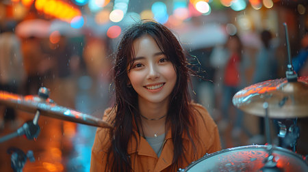 Young woman happily plays the drum set in the rain It convey that even though the activity go against her appearance, she is still able to have fun with it. Suitable for phrase "The show must go on."の素材