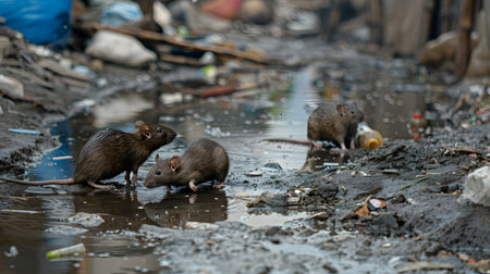 Dirty disgusting rats or mouses on area that was filled with sewage, smelly, damp, and garbage bags. Referring to the problem of rats in the city, disease outbreaks from animals, filth of city.の素材