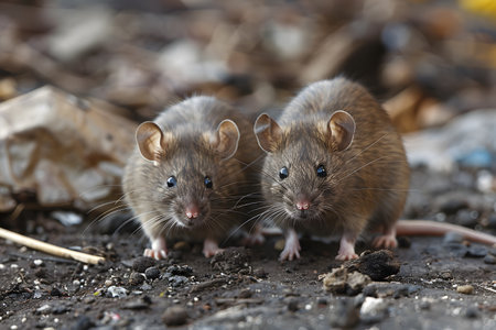 Dirty disgusting rats or mouses on area that was filled with sewage, smelly, damp, and garbage bags. Referring to the problem of rats in the city, disease outbreaks from animals, filth of city.の素材